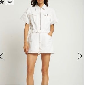 We wore what flight stretch twill denim romper - classic white